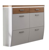 Moderner Hängeschuhschrank mit vier Fächern, zwei in Holzoptik und zwei in Grau, seitliche Perspektive.