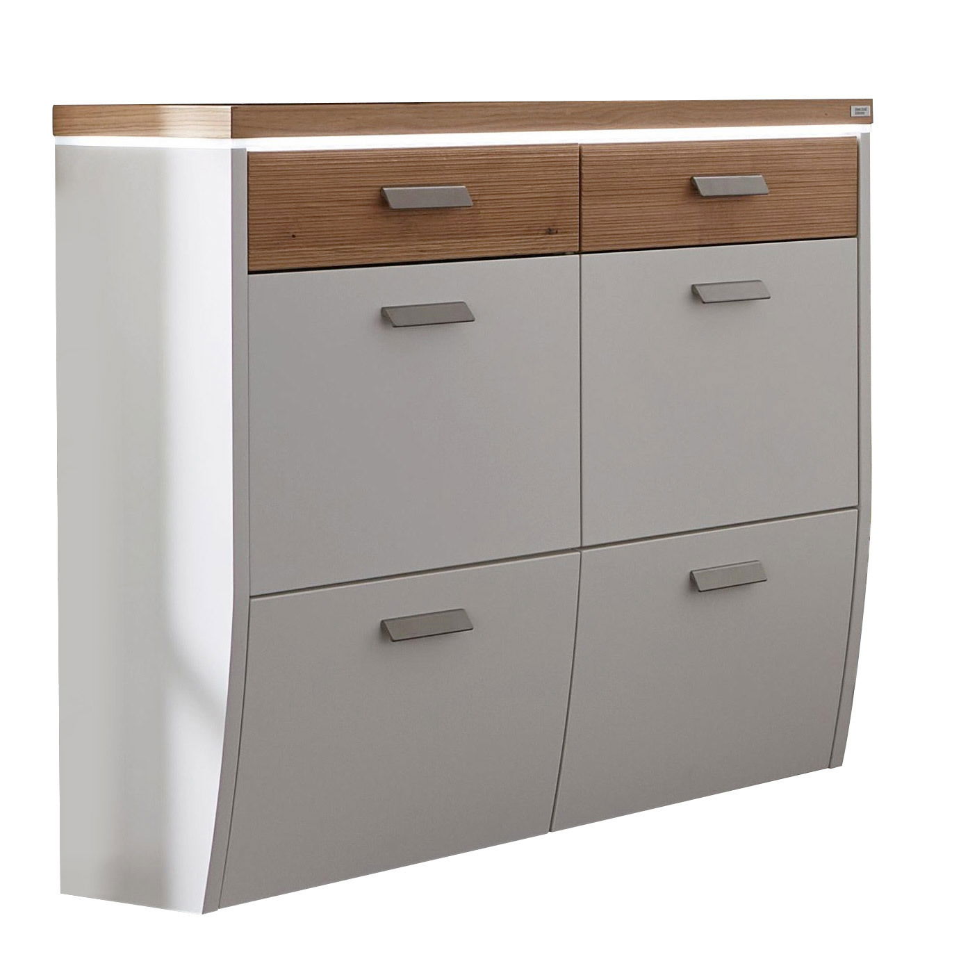 Moderner Hängeschuhschrank mit vier Fächern, zwei in Holzoptik und zwei in Grau, seitliche Perspektive.
