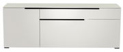 Weißes TV-Lowboard mit zwei Türen und einer Schublade, frontale Ansicht