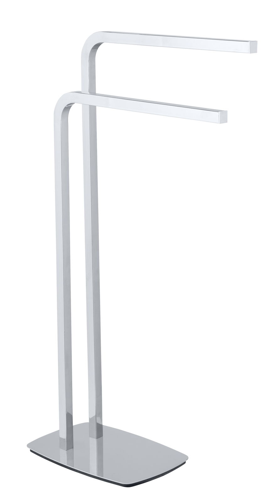 Moderner Handtuchständer aus Chrom mit zwei parallelen Stangen, seitliche Perspektive