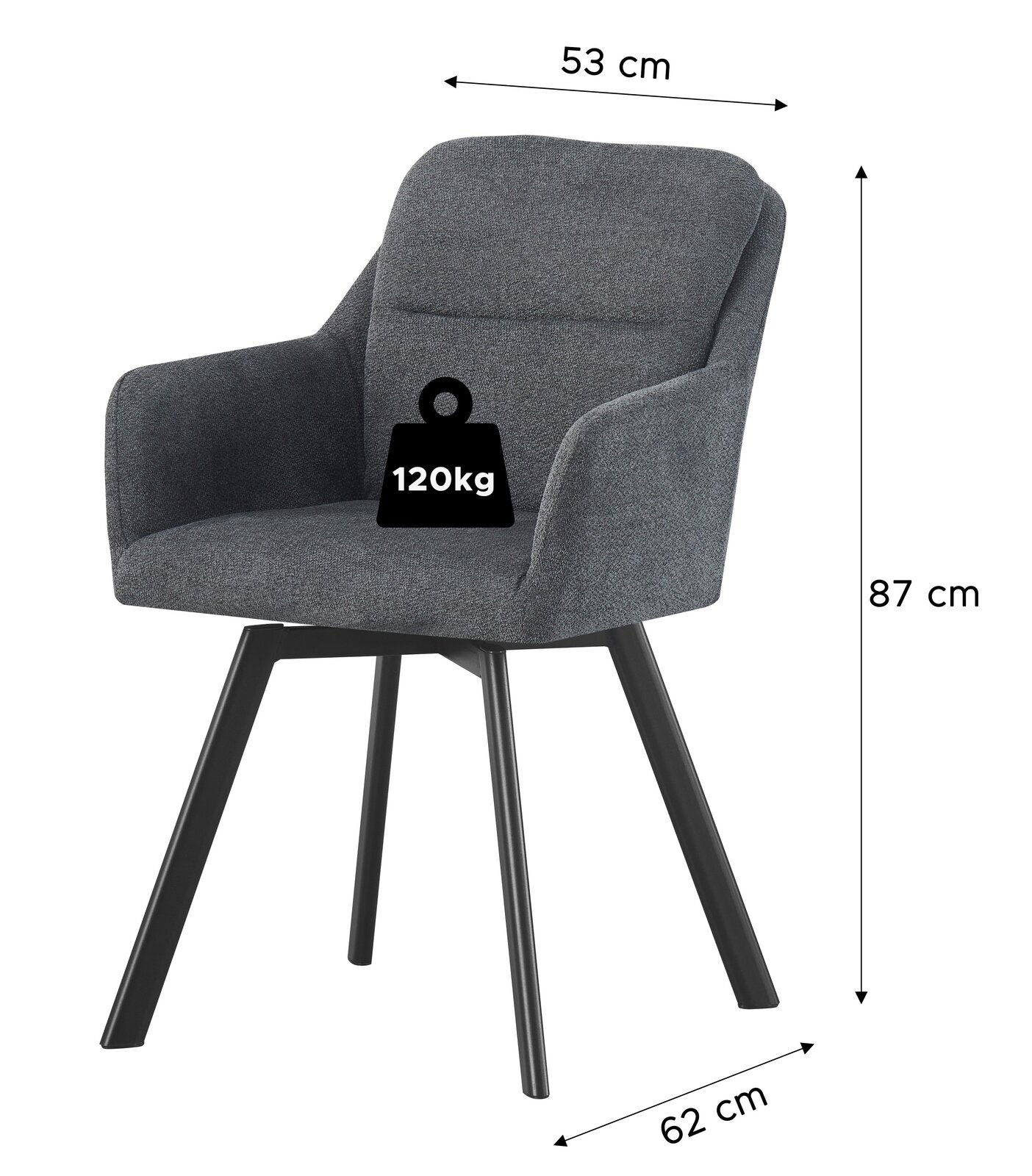 Gepolsterter Armlehnstuhl in dunkelgrauem Stoff mit schwarzen, schräg stehenden Beinen; Maße ca. 53 cm Breite, 62 cm Tiefe, 87 cm Höhe, belastbar bis 120 kg, Ansicht schräg von vorne.