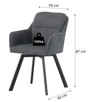 Gepolsterter Armlehnstuhl in dunkelgrauem Stoff mit schwarzen, schräg stehenden Beinen; Maße ca. 53 cm Breite, 62 cm Tiefe, 87 cm Höhe, belastbar bis 120 kg, Ansicht schräg von vorne.