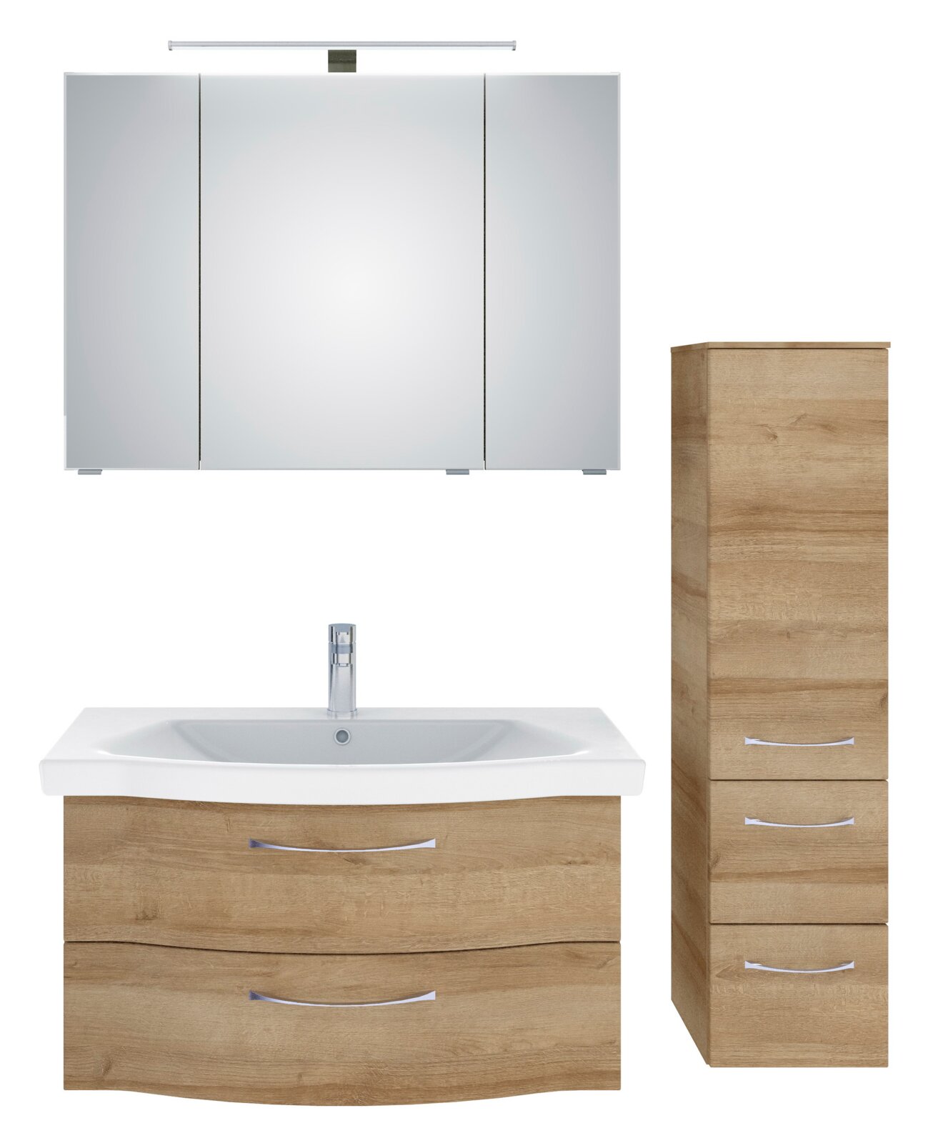 Badezimmermöbel-Set bestehend aus einem Spiegelschrank, einem Waschbeckenunterschrank mit Waschbecken und einem hohen Schrank, in Holzoptik, Frontalansicht