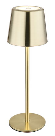 Elegante Tischleuchte aus gebürstetem Metall in Goldoptik, frontal abgebildet.