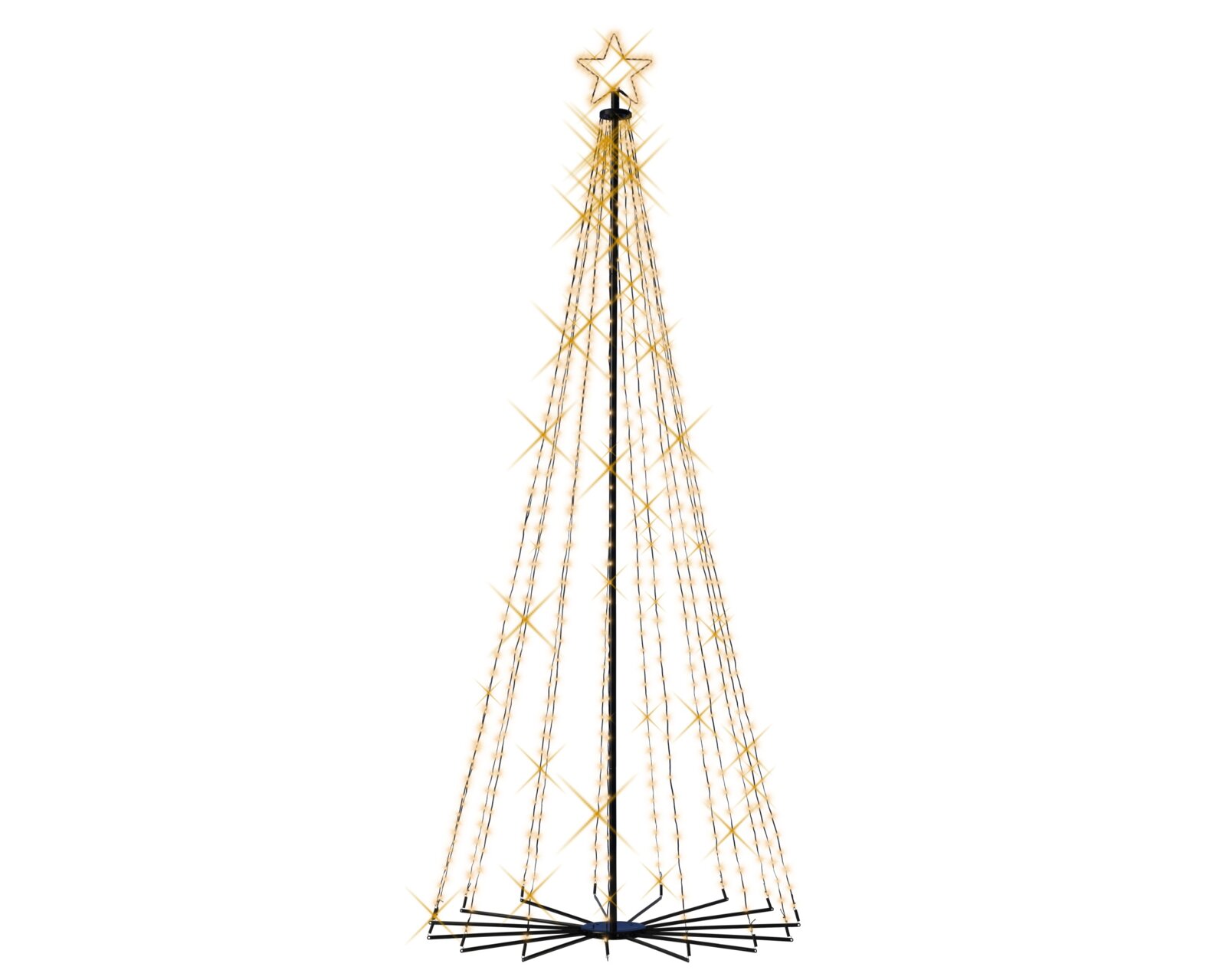 Frontansicht eines hohen, kegelförmigen LED-Weihnachtsbaums mit schwarzem Metallgestell, warmweißen Lichterketten und leuchtendem Stern an der Spitze vor weißem Hintergrund