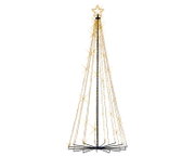 Frontansicht eines hohen, kegelförmigen LED-Weihnachtsbaums mit schwarzem Metallgestell, warmweißen Lichterketten und leuchtendem Stern an der Spitze vor weißem Hintergrund