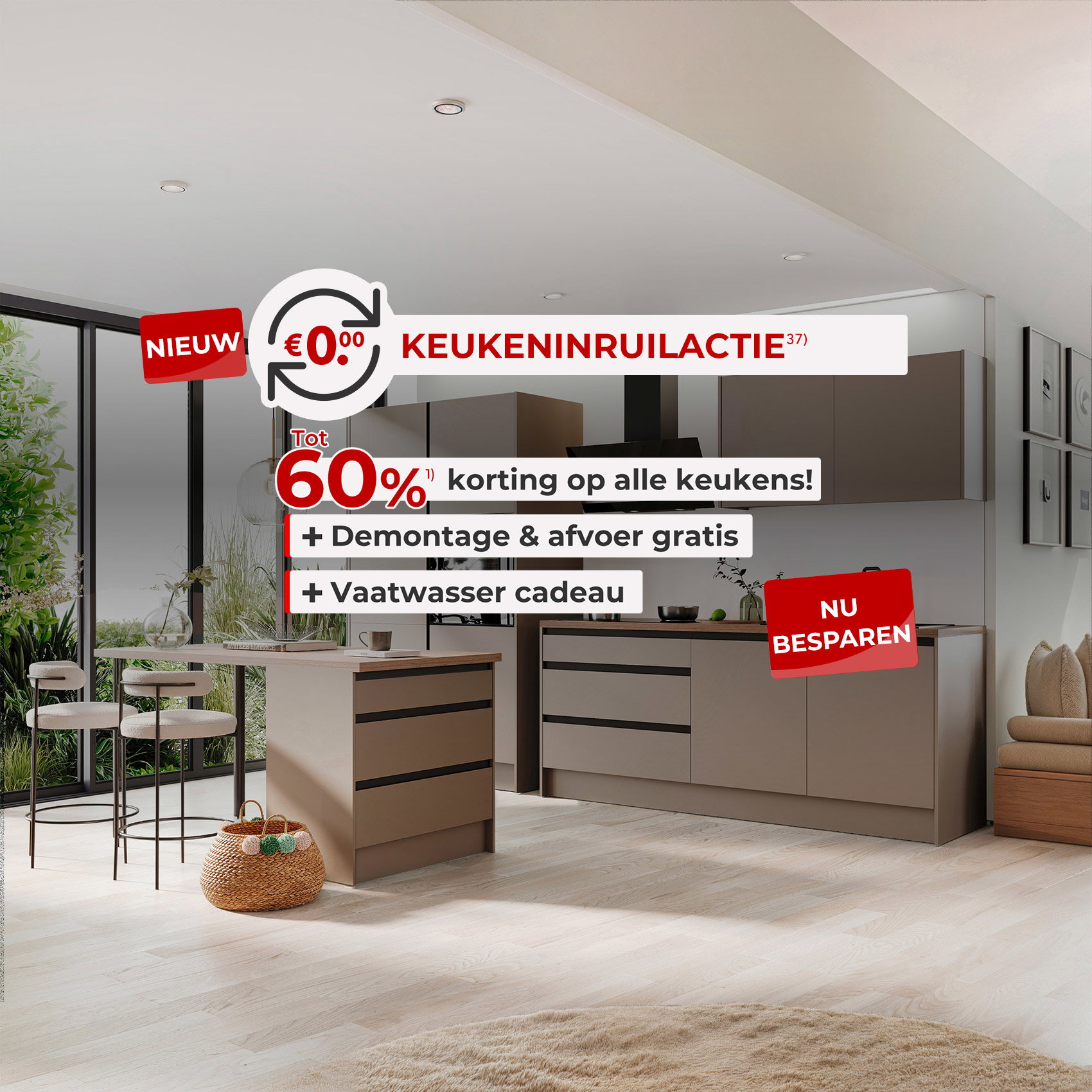 Moderne keuken met keukenomruilactie: tot 60% korting, gratis demontage, afvoer en vaatwasser cadeau.