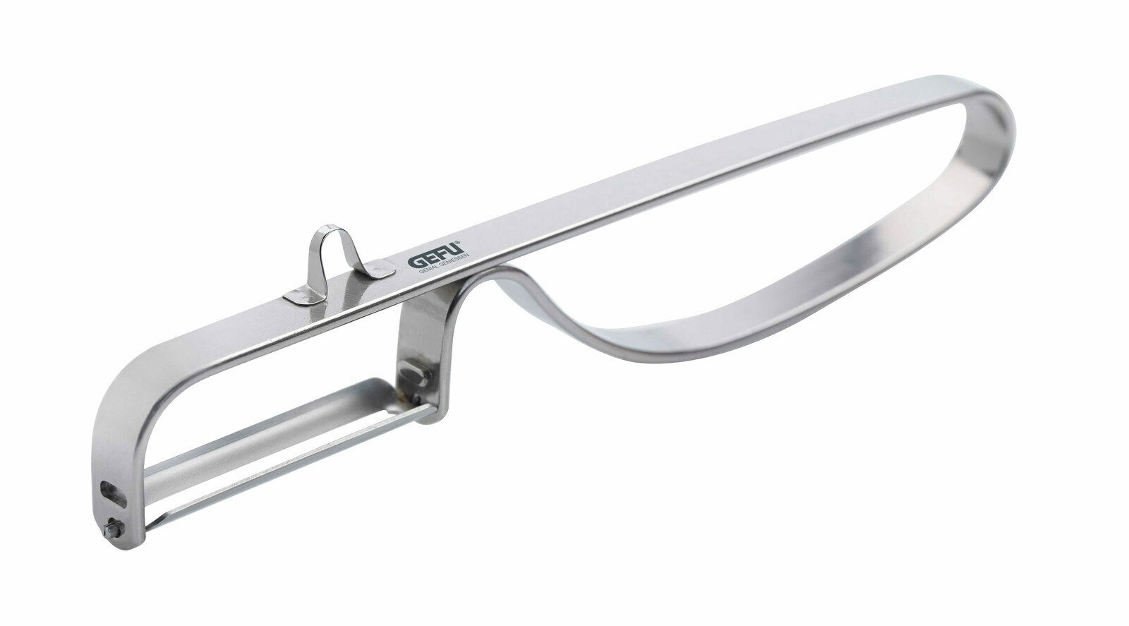 Silberner Pendel-Sparschäler aus Edelstahl, seitliche Perspektive