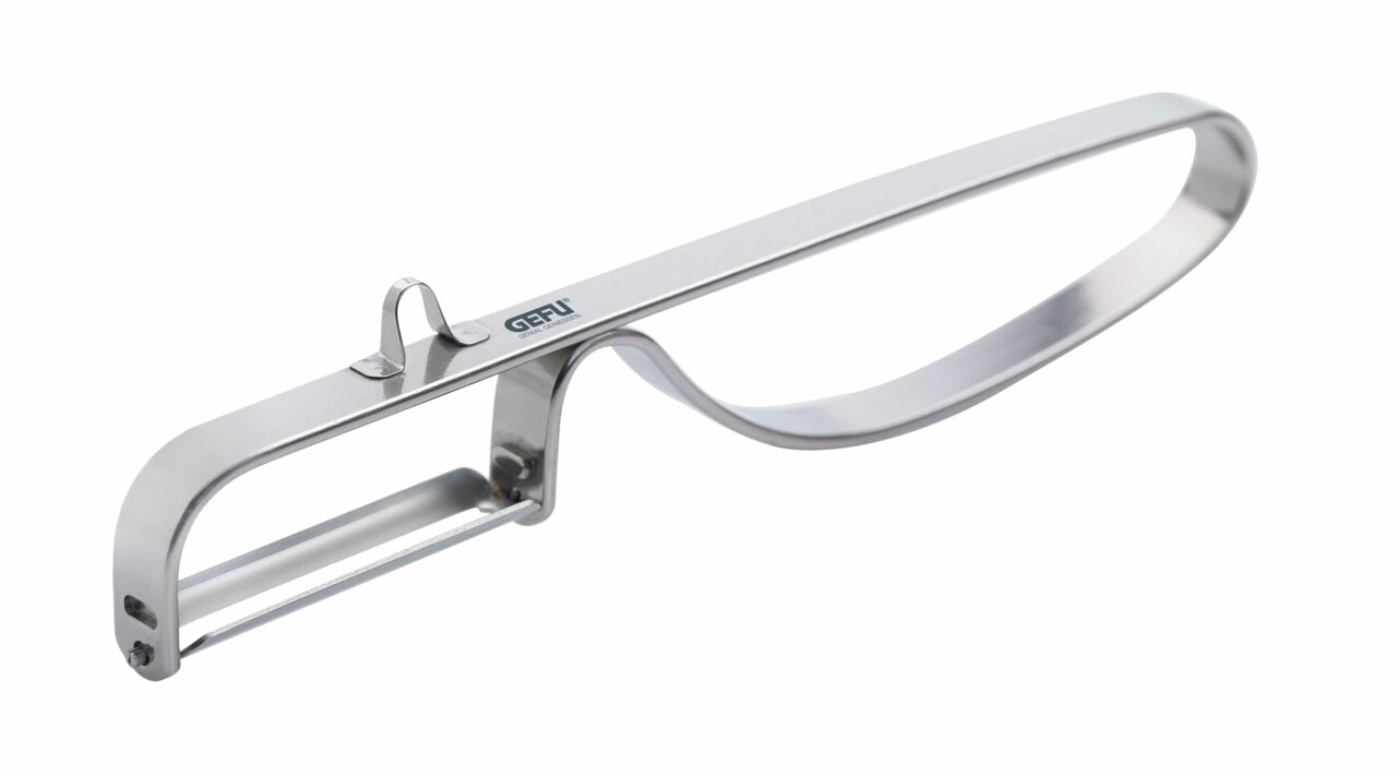 Silberner Pendel-Sparschäler aus Edelstahl, seitliche Perspektive