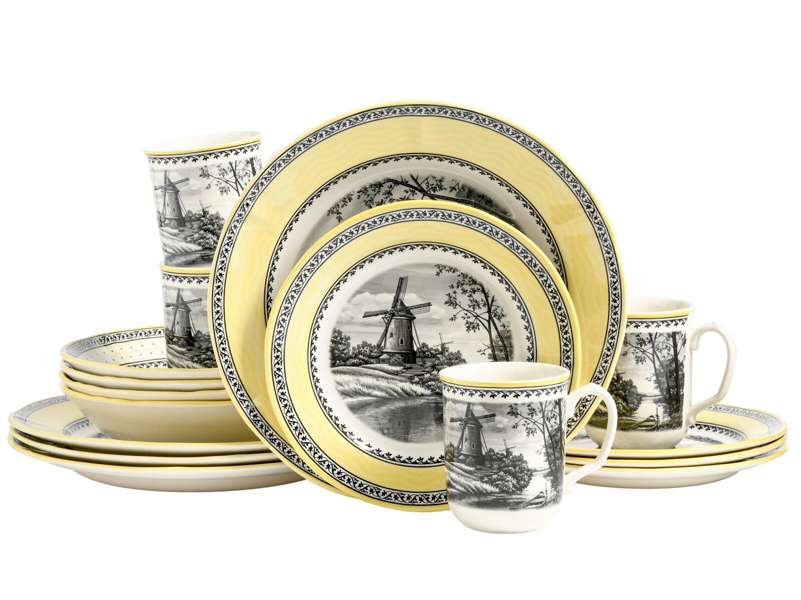 Porzellan-Geschirrset mit gelbem Rand und schwarz-weißen Windmühlen-Motiven, bestehend aus Tellern, Schalen und Tassen, in frontaler Produktansicht auf weißem Hintergrund
