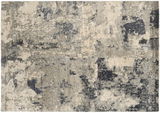 Moderner Designer-Teppich mit abstraktem Muster in Grau- und Blautönen, Draufsicht.
