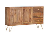 Holz-Sideboard mit zwei Türen und drei Schubladen, auf goldenen Metallbeinen, seitliche Perspektive