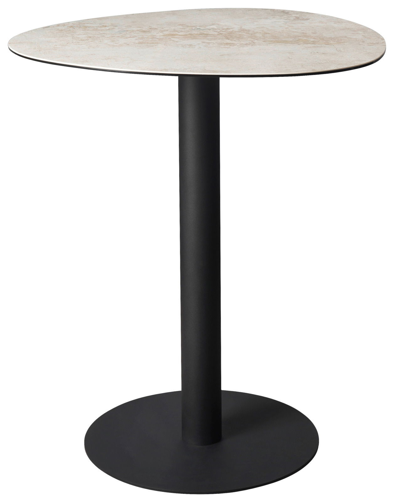 Moderner Bartisch mit runder, heller Tischplatte und schwarzem, schlankem Standfuß, seitliche Perspektive
