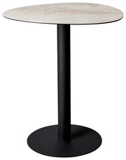 Moderner Bartisch mit runder, heller Tischplatte und schwarzem, schlankem Standfuß, seitliche Perspektive