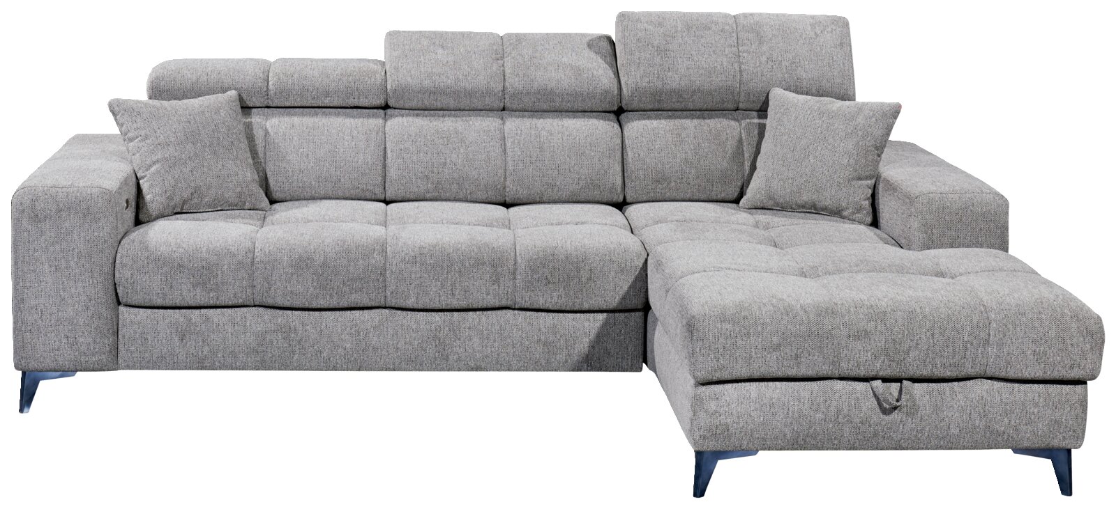 Graues Ecksofa mit verstellbaren Kopfstützen und zwei Kissen, Perspektive von vorne.