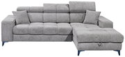 Graues Ecksofa mit verstellbaren Kopfstützen und zwei Kissen, Perspektive von vorne.