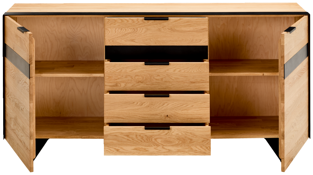 Frontale Ansicht eines modernen Sideboards aus Holz mit offenen Türen und Schubladen, die schwarzen Griffe und Akzente zeigen.