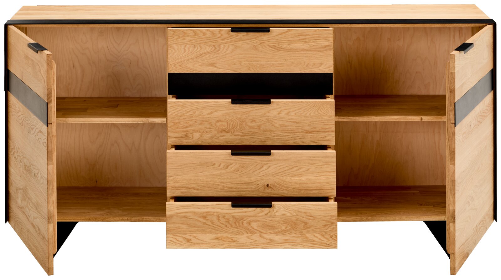 Vooraanzicht van een modern houten dressoir met open deuren en lades, voorzien van zwarte handgrepen en accenten.