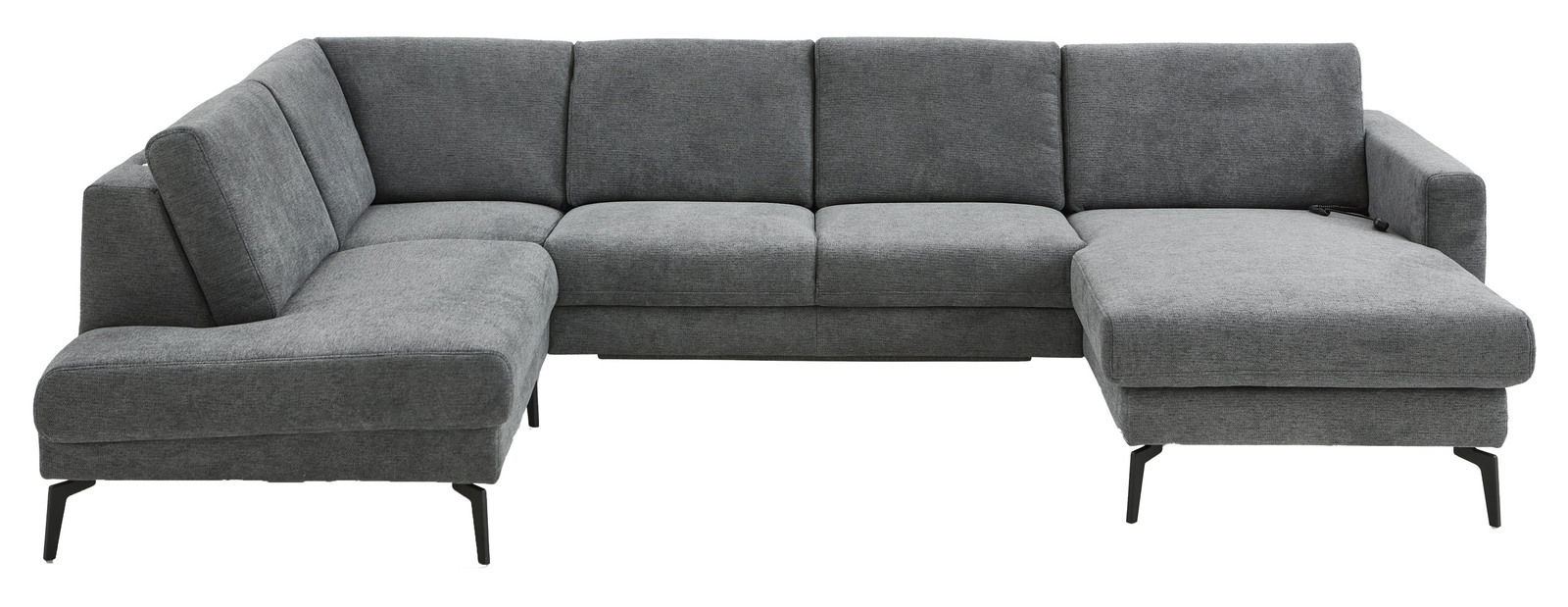 Graue Polsterrundecke in L-Form mit modernen Metallfüßen, Vorderansicht