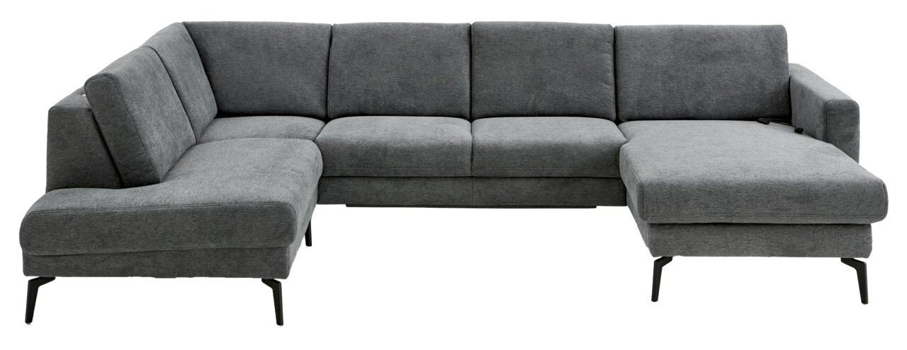 Graue Polsterrundecke in L-Form mit modernen Metallfüßen, Vorderansicht