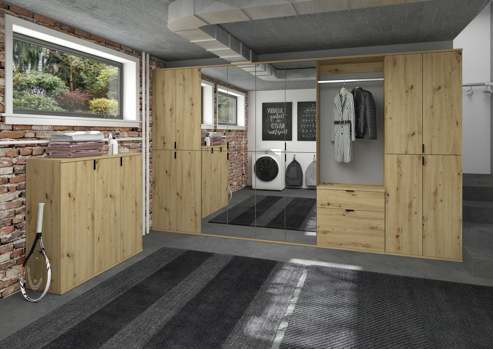 Garderobenkombination aus Holz mit Spiegeln, Schränken und Kleiderstange in einem modernen Raum mit Backsteinwänden, seitliche Perspektive.