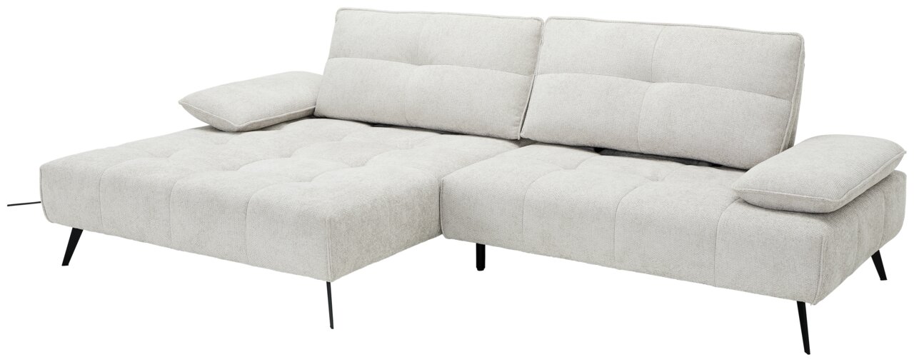 Beige Longchairkombination mit zwei Rückenkissen und schwarzen Metallfüßen, seitliche Perspektive