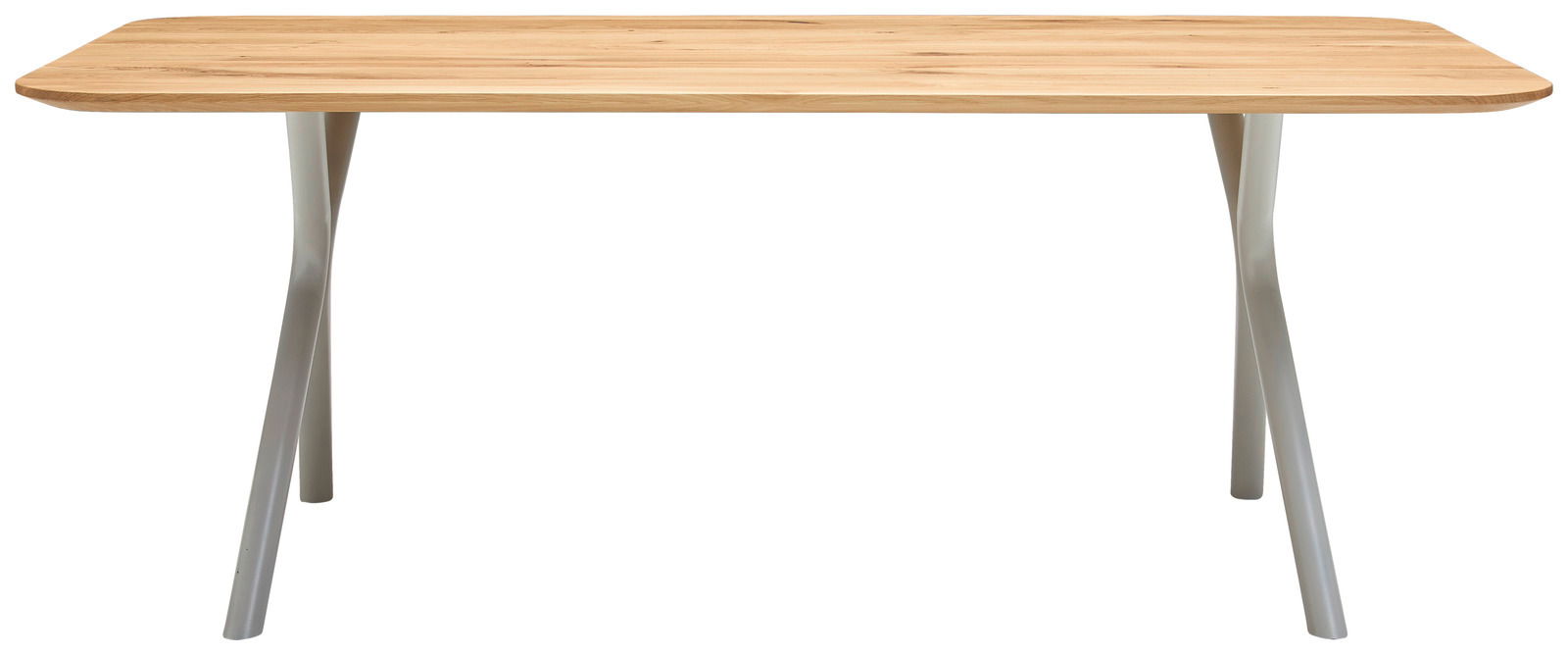 Moderner Esstisch mit Holzplatte und geschwungenen weißen Beinen, Frontalansicht.