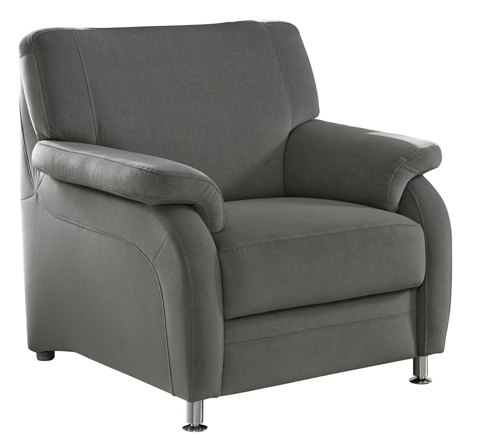 Grauer Sessel mit gepolsterten Armlehnen und Metallfüßen, seitliche Perspektive