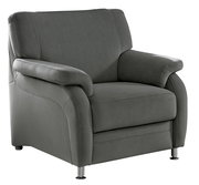 Grauer Sessel mit gepolsterten Armlehnen und Metallfüßen, seitliche Perspektive