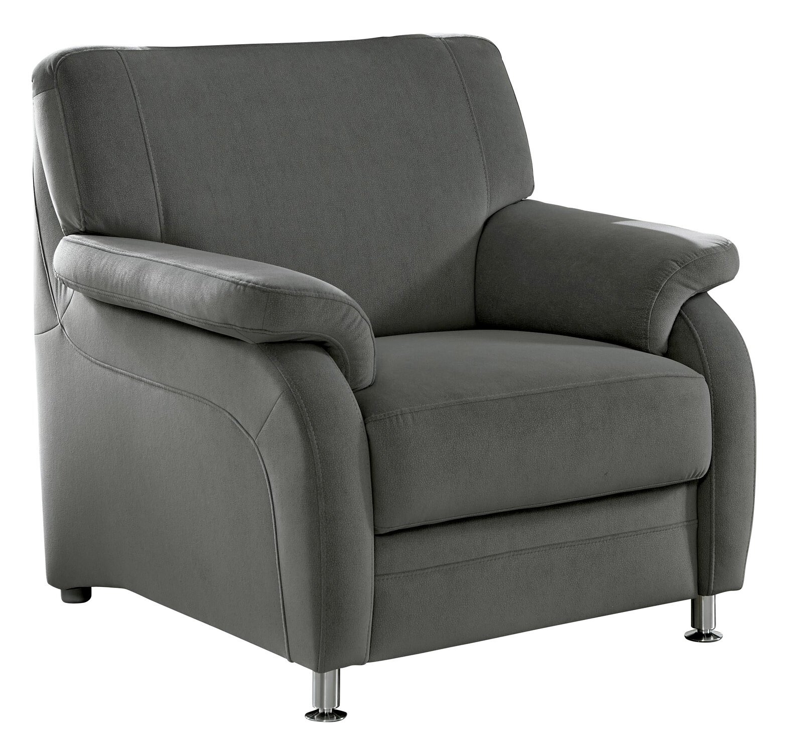 Grauer Sessel mit gepolsterten Armlehnen und Metallfüßen, seitliche Perspektive