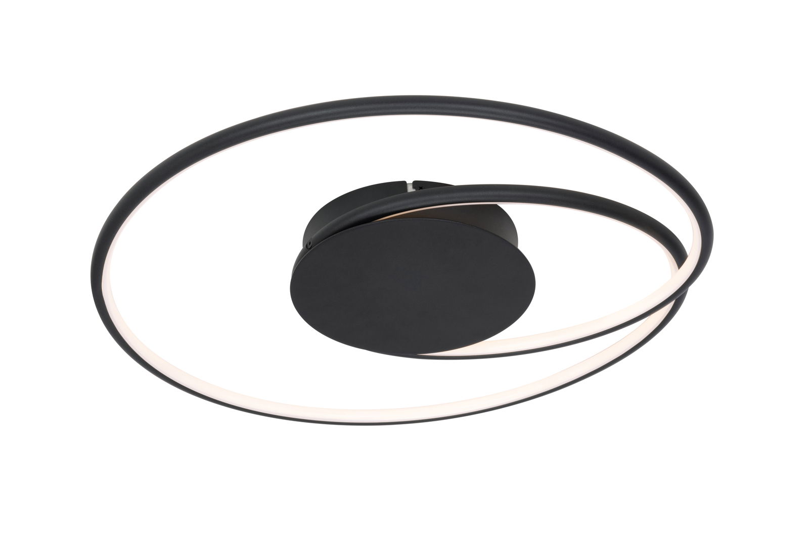 Moderne LED-Deckenleuchte mit schwarzem, kreisförmigem Design, seitliche Perspektive