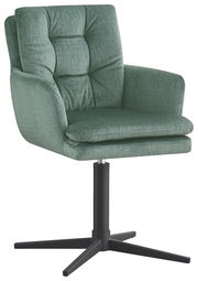 Grüner Armlehnstuhl mit gepolsterter Sitzfläche und Rückenlehne, auf schwarzem Drehfuß, seitliche Perspektive