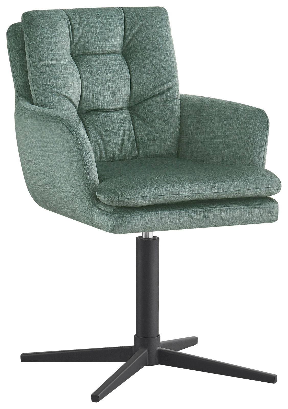 Novel Armlehnstuhl INGO Grüner Armlehnstuhl mit gepolsterter Sitzfläche und Rückenlehne, auf schwarzem Drehfuß, seitliche Perspektive