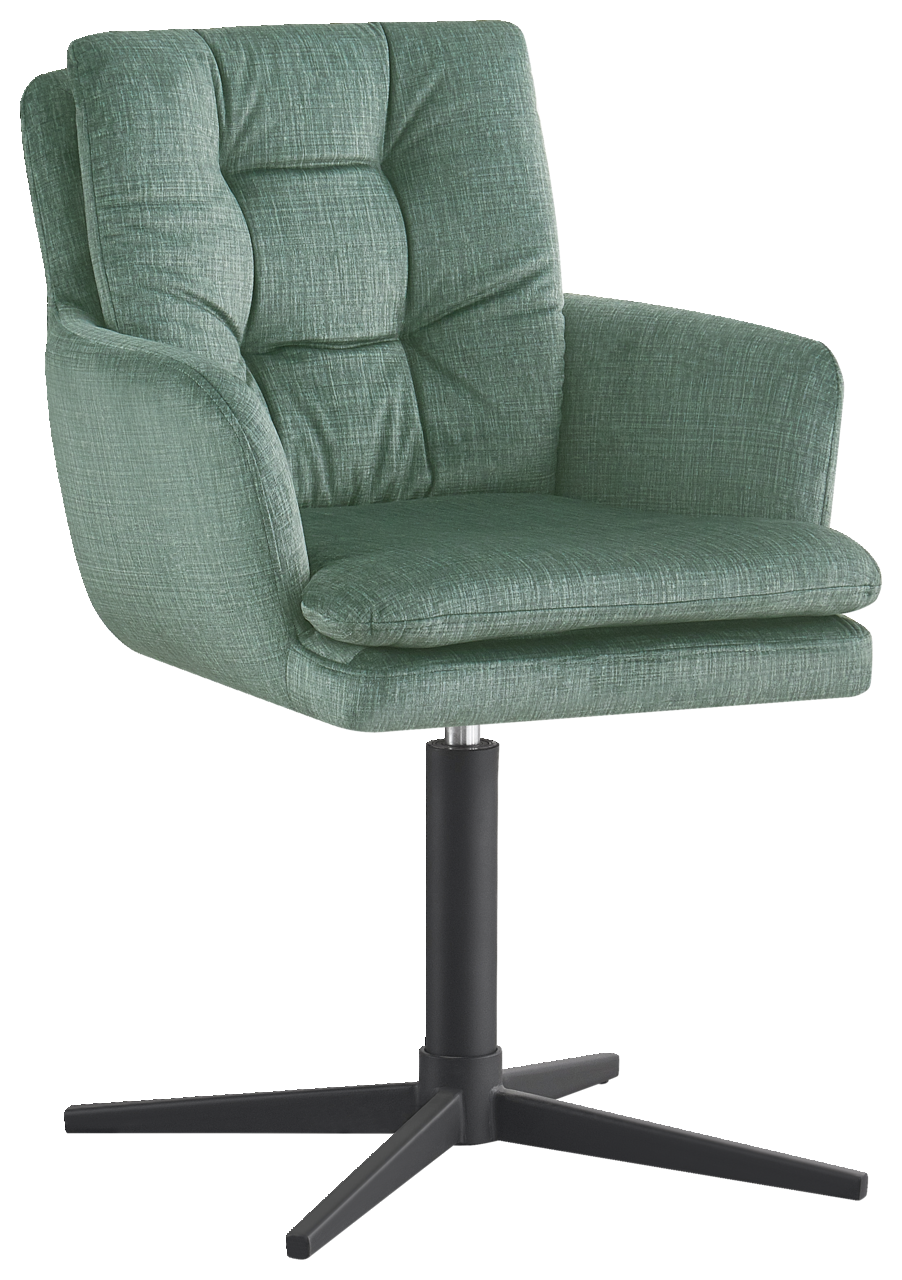 Novel Armlehnstuhl INGO Grüner Armlehnstuhl mit gepolsterter Sitzfläche und Rückenlehne, auf schwarzem Drehfuß, seitliche Perspektive