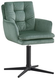 Grüner Armlehnstuhl mit gepolsterter Sitzfläche und Rückenlehne, auf schwarzem Drehfuß, seitliche Perspektive