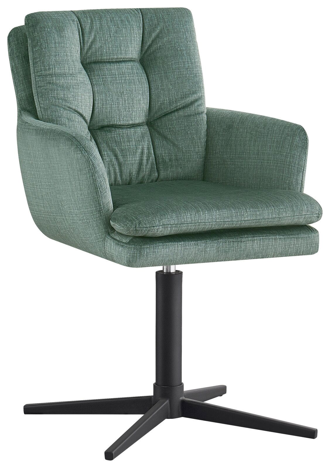 Grüner Armlehnstuhl mit gepolsterter Sitzfläche und Rückenlehne, auf schwarzem Drehfuß, seitliche Perspektive