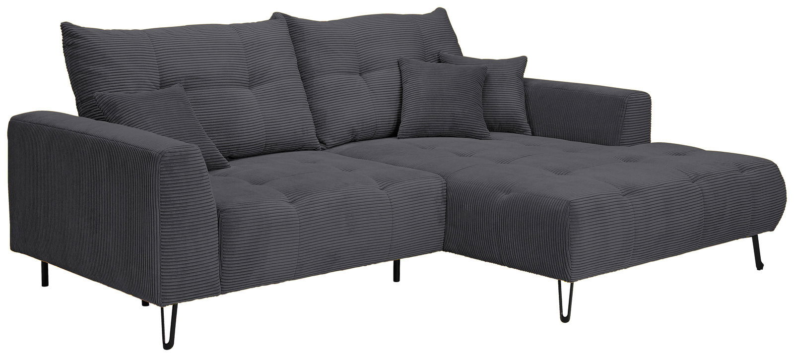 Z2 Hoekbank SWING Graues Ecksofa mit Ottomane rechts, gestepptem Stoff und mehreren Kissen, seitliche Perspektive