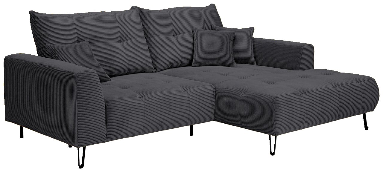 Z2 Ecksofa SWING Graues Ecksofa mit Ottomane rechts, gestepptem Stoff und mehreren Kissen, seitliche Perspektive