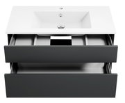 Moderne Badkombination mit weißem Waschbecken und zwei offenen Schubladen, Ansicht von vorne