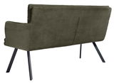 Rückansicht einer olivgrünen Sitzbank mit geripptem Stoffbezug und schwarzen Metallbeinen.