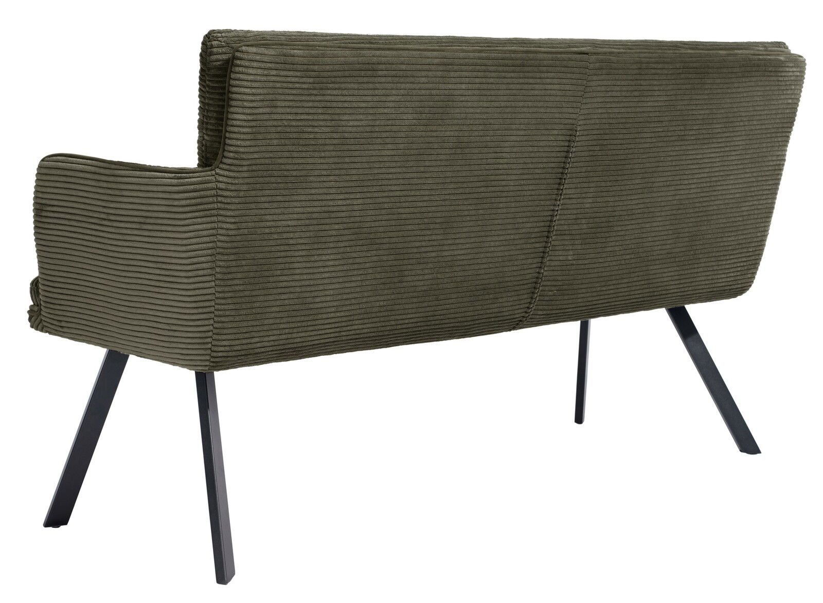 Rückansicht einer olivgrünen Sitzbank mit geripptem Stoffbezug und schwarzen Metallbeinen.