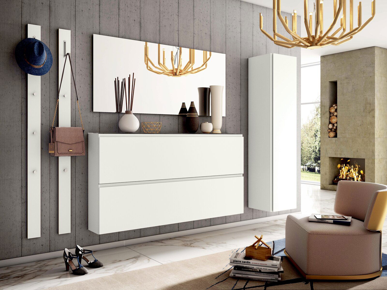 Moderano Garderoben-Set LECCO Modernes Garderobenset in einem stilvollen Wohnzimmer mit Wandspiegel, Hängeschrank und Dekorationen, seitliche Perspektive.