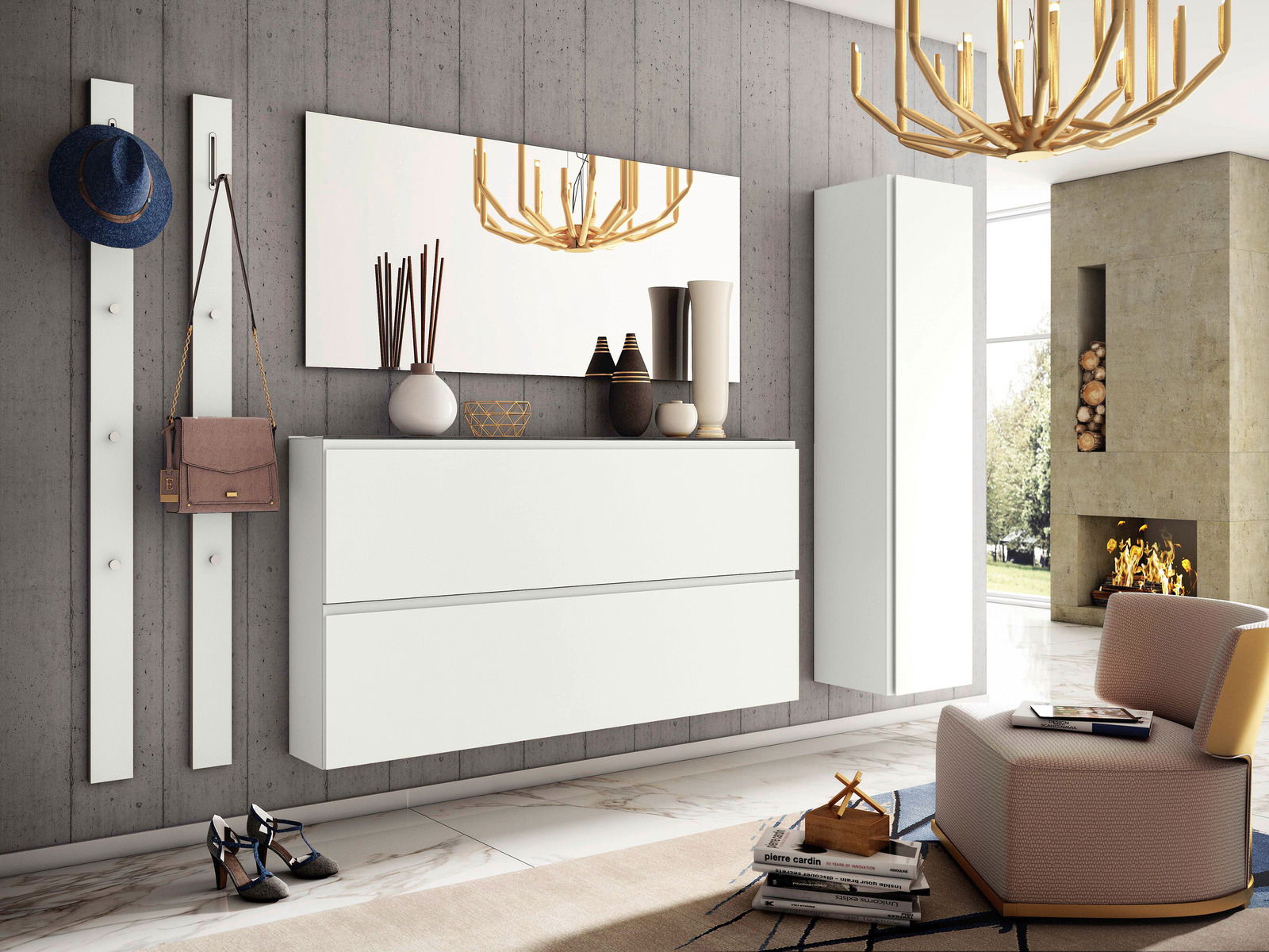 Modernes Garderobenset in einem stilvollen Wohnzimmer mit Wandspiegel, Hängeschrank und Dekorationen, seitliche Perspektive.