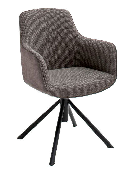 Moderner grauer Sessel mit gepolstertem Sitz und Rückenlehne, auf schwarzem Metallgestell, seitliche Perspektive