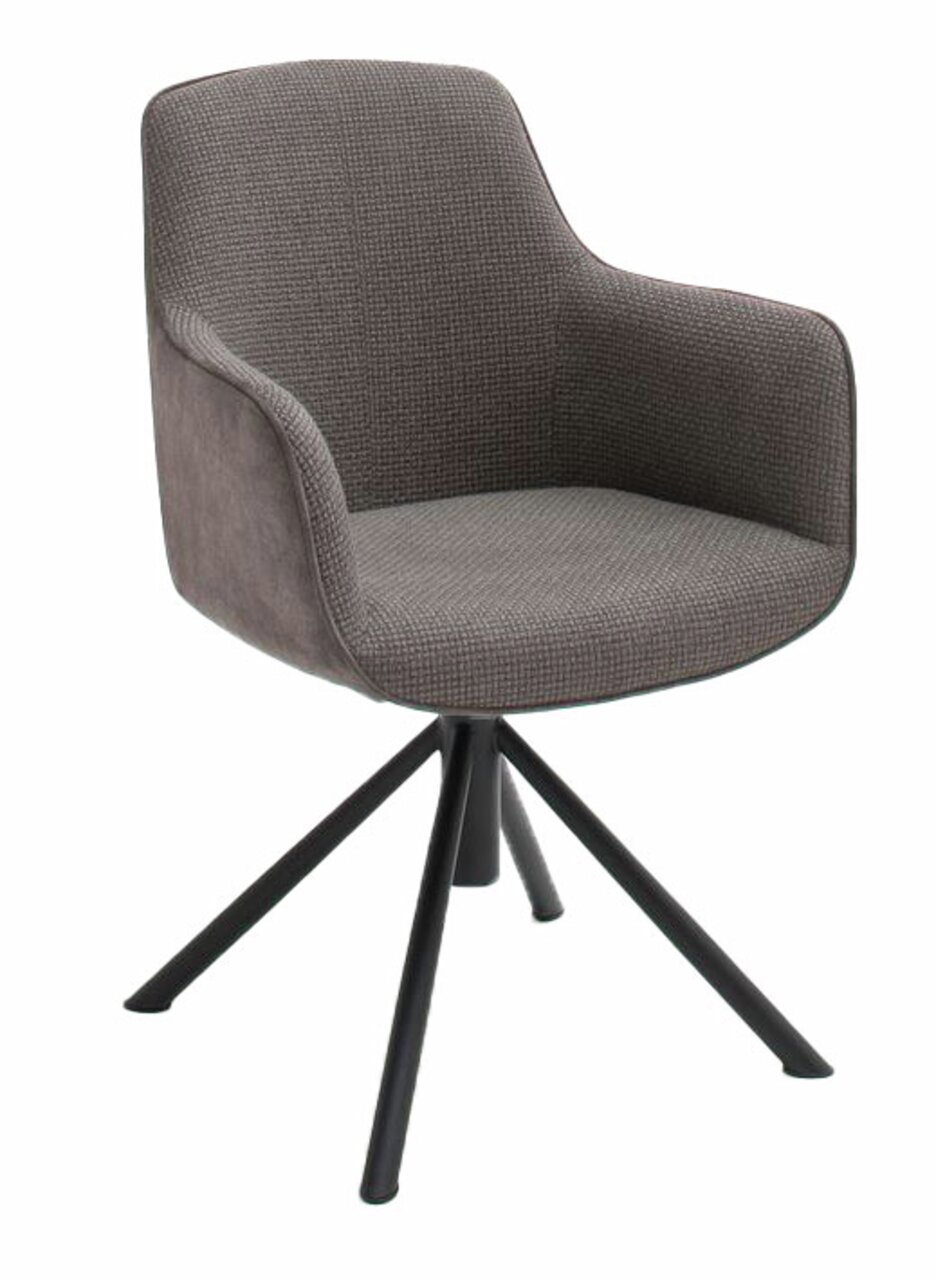 Moderner grauer Sessel mit gepolstertem Sitz und Rückenlehne, auf schwarzem Metallgestell, seitliche Perspektive