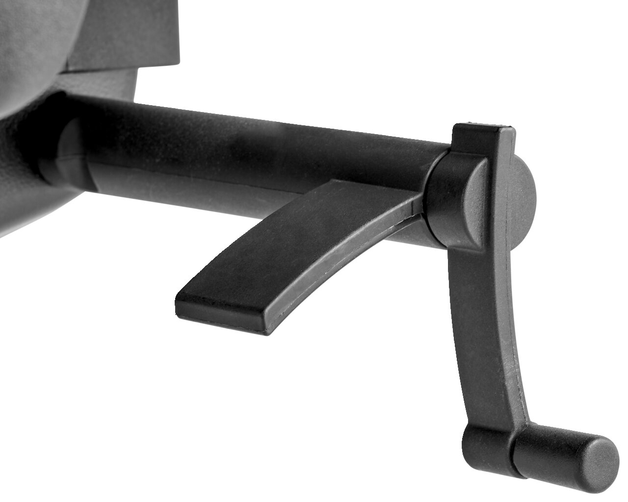 Nahaufnahme eines schwarzen Hebels an einem Bürostuhl, seitliche Perspektive