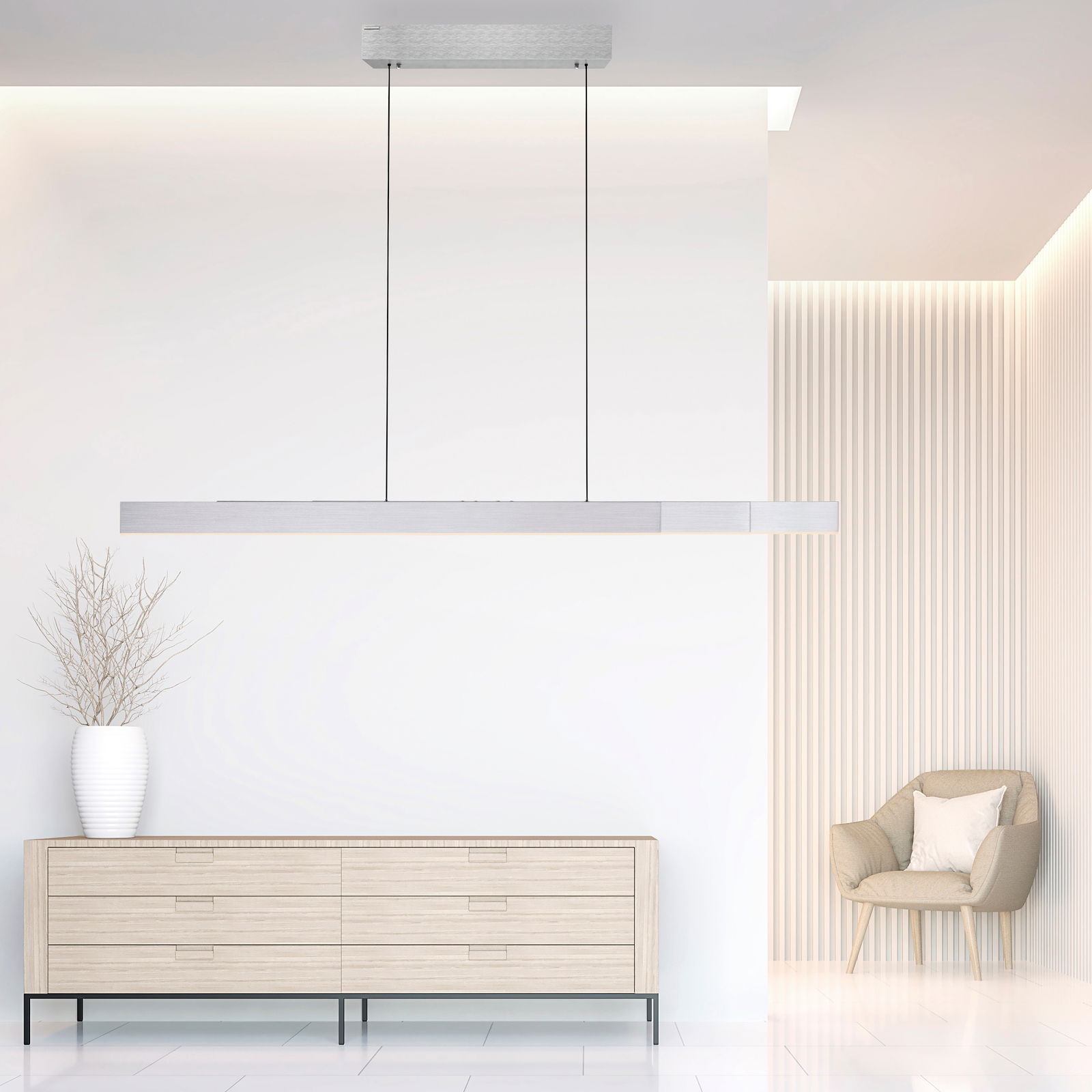 Moderne Pendelleuchte PURE-MOTO-RISE in einem eleganten, minimalistischen Raum, seitliche Perspektive