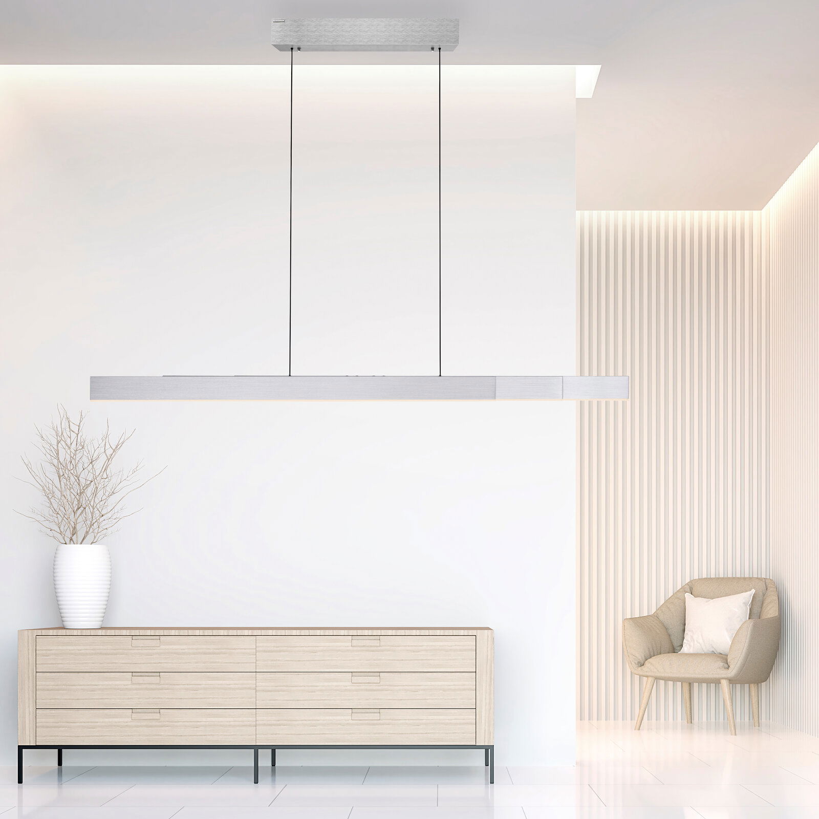 Moderne Pendelleuchte PURE-MOTO-RISE in einem eleganten, minimalistischen Raum, seitliche Perspektive