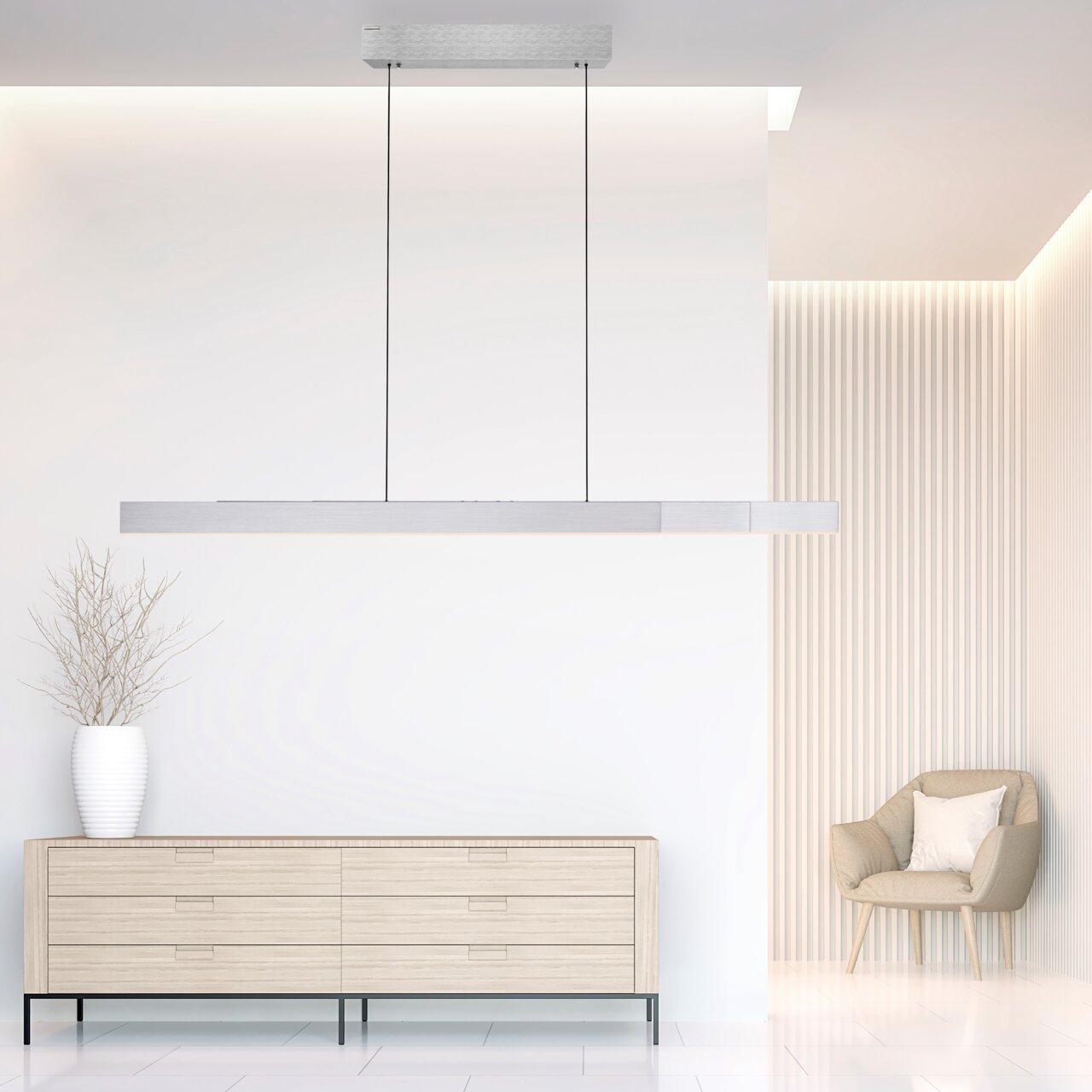 Moderne hanglamp PURE-MOTO-RISE in een elegante, minimalistische ruimte, zijaanzicht