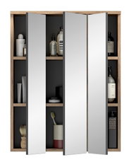 Moderner Spiegelschrank mit drei Türen, Holzrahmen und sichtbaren Regalen, gefüllt mit Pflegeprodukten, aus frontaler Perspektive.